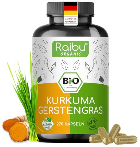 BIO Kurkuma Gerstengras Kapseln hochdosiert - 4200 mg Kurkuma Gerstengras täglich - 270 Kapseln, im Verhältnis 2:1 - In Deutschland produziert - Vegan & Ohne Zusätze - Raibu