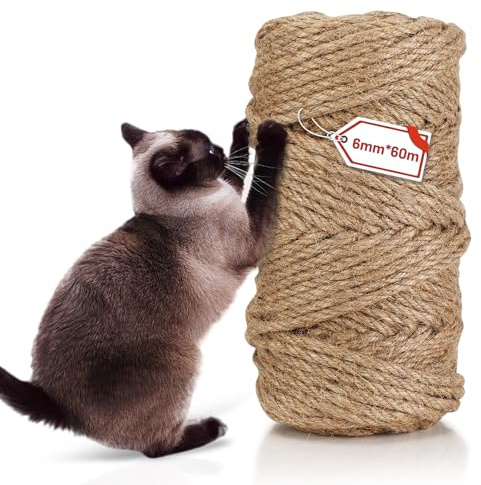 Sisal Rope 60 m x 6 mm,Natural Sisal Rope for Cats,Kratzseil Katzenzubehör, Natur Sisal Seil für Katzen, Kratzbaum, Kratzseil, Haushalt, Garten, DIY, Dekoration