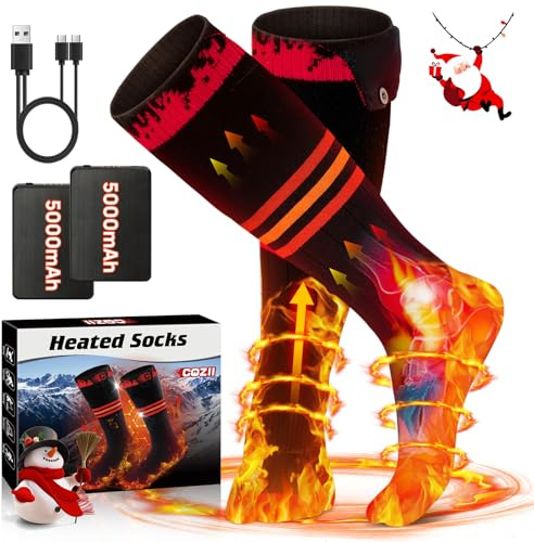 COZII Beheizbare Socken, Beheizte Socken Damen Herren, 5V 5000 mAh Großer Akku Wiederaufladbare Heizsocken, 65℃ Fußwärmer für Winter Camping Jagd Skifahren Reiten