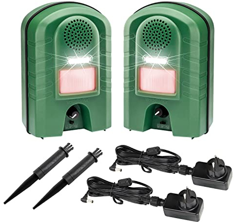 VOSS.sonic Doppelpack: 2 x Ultraschallabwehrgerät mit Bewegungsmelder & Blitz + 2X Outdoornetzteil gegen Marder Katzen und Waschbären Ultraschallvertreiber Tiervertreiber
