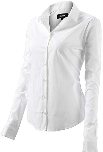 FLY HAWK Bluse Hemdbluse Damen Hemd Basic Kent-Kragen Elegant OL Work Slim Fit Langarm Stretch Formelle Hemden,Weiß, Größe 48, Hersteller - 20