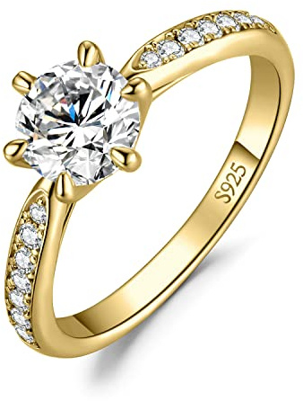 JewelryPalace Klassisch 6.5mm 1ct Rundschliff Moissanite Solitär Promise Ring Damen, Verlobungsring Damenring Ringe Silber 925 mit Stein für Frauen, Simulierte Diamant Jubiläum Eheringe Vergoldet 55