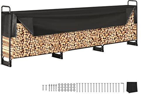 VEVOR Kaminholzregal Metall 386x36x117cm Brennholzregal Stahlrahmen Pulverbeschichtet Kaminholzunterstand 400kg mit Wasserdichter Abdeckung Stapelhilfe Holzunterstand für Veranda Garten Terrasse Hof
