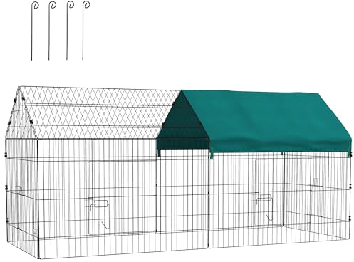 PawHut Freigehege Kaninchenkäfig für den Außenbereich, 220 x 85 x 103 cm, Stahlkonstruktion mit 2 abschließbaren Türen und Sonnenschutz-Dach, geeignet für Meerschweinchen, Schildkröten, Hühner