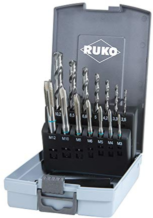 RUKO Maschinengewindebohrer-Satz HSS, 7x Form B M3 bis M12 und 7x passen Spiralbohrer Typ N in Kunststoffkassette 14-teilig, für Profis und Heimwerker