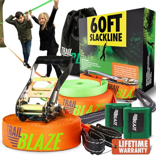Slackline Anfänger-Komplettset – Trainingsgurt Baumschutz Transporttasche – neueste Technologie mit Ratsche und ergonomischem Griff – perfekte Aktivität im Freien