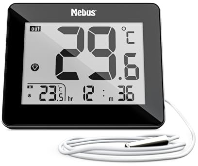 MEBUS digitales Thermometer Innen und Außen mit kabelgebundenem Außensensor, Uhrzeit, Min/Max-Werte, Farbe: Schwarz, Modell: 48432