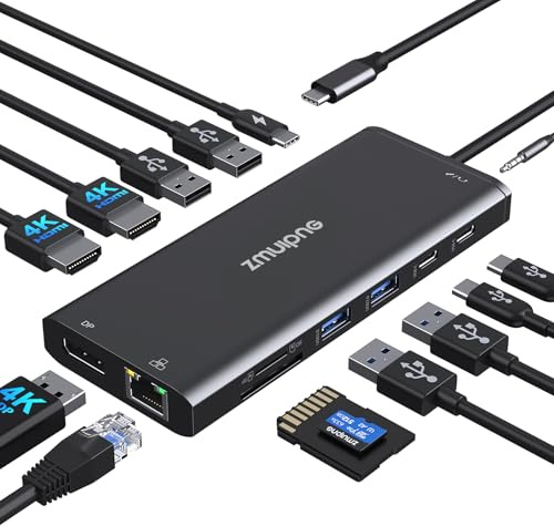 USB C Docking Station Dual Monitor,Triple Display Dockingstation | 14 in 1 Laptop Dockingstation mit 2 HDMI,Displayport,Ethernet,4USB,100W PD,USB-C Data,SD/TF,Audio/Mic, für Dell HP Lenovo