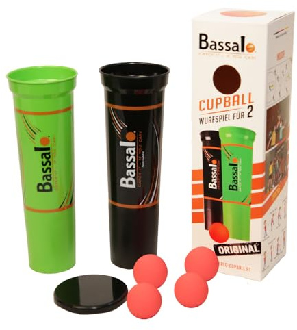 BASSALO Cupball 2er Starter-Set Plus inkl. Box - Sportspiel für Kinder, Jugendliche, Erwachsene – 2 Becher, 4 Spielbälle, Spielanleitung