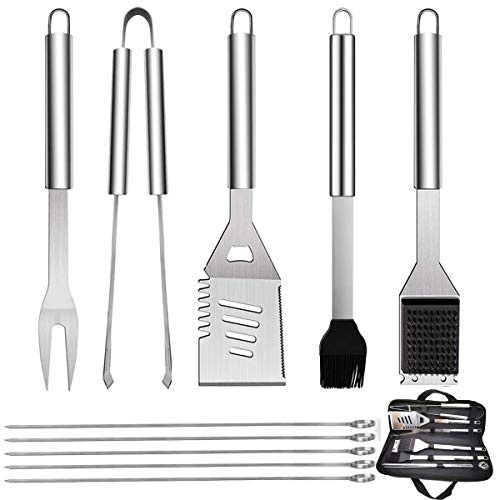 GQC 10PC Edelstahl Grillbesteck-Set Professionelle Grill Bestecksets in Tragetasche BBQ Grillwerkzeug Grillset Werkzeuge für Männer und Frauen Camping Garten