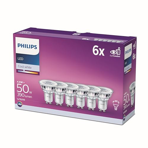 Philips LED Classic GU10 Lampen 6-er Pack (50 W), Reflektor LED Spots mit kaltweißem Licht, energiesparende Lampen mit langer Nutzlebensdauer, Nicht Dimmbar