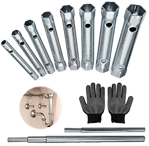 Choonjin 10-teiliges Rohrsteckschlüssel-Set mit Handschuhen | Zehnteiliges Set für Wasserhähne, Spülen und Fallrohre mit Rohrsteckschlüsseln und einem Paar schwarzer Handschuhe.