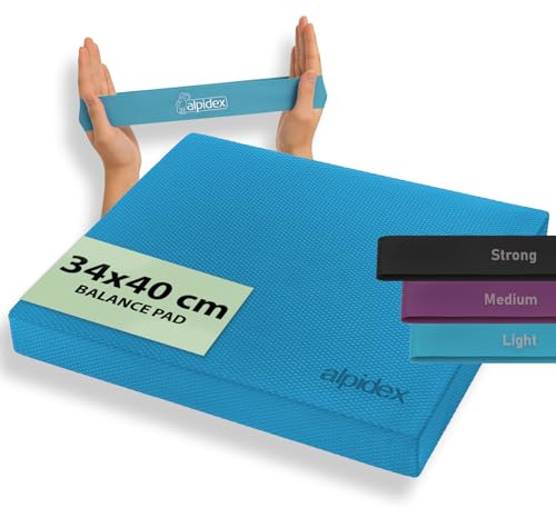ALPIDEX Balance Pad 40x34x5 cm Balancekissen Blau inkl. 3 Fitnessbänder Stabilität Koordination Verbessertes Gleichgewicht Kissen Rutschfest Wackelkissen Balancegerät Gleichgewichtstrainer