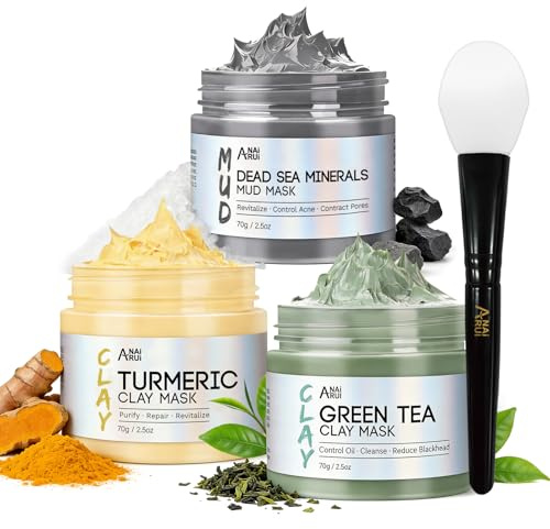 ANAiRUi Kurkuma Gesichtsmaske - Grüner Tee Ton Maske - Totes Meer Mineralien Schlamm Masken, Spa Gesichtsmasken Set für Tiefenreinigung, Entgiftung, Akne und Mitesser, 210 g