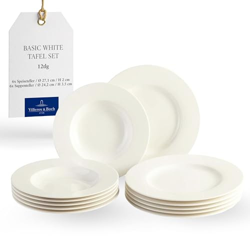 vivo - Villeroy & Boch Group - Basic White Tafelservice 12 teilig | 6 Personen Weiß, Teller Set, Weißes Geschirr, Geschirrset, Speiseteller, Suppenteller, Spülmaschinenfest, Premium Porzellan