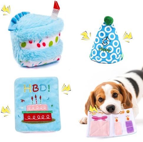 La Desire 3-teiliges Hundespielzeug-Set aus Plüsch, quietschendes Spielzeug mit Geburtstagskuchen und Hut, Schnüffel-Verstecken und Grußkarte für Feiern (blau)