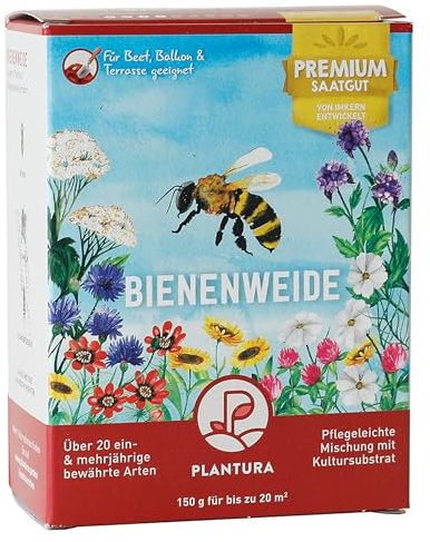 Plantura Bienenweide, blütenreiche Premium-Saatgut-Mischung für Bienen, Hummeln & Schmetterlinge, >20 heimische Sorten, ein- & mehrjährig, bienenfreundlich, pflegeleicht & nektarreich, 150 g für 20 m²
