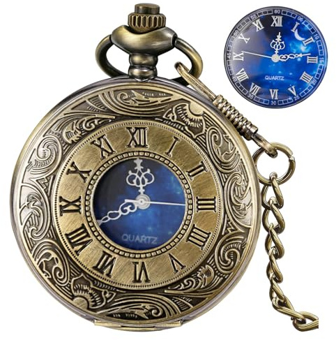Tiong Taschenuhr, hohl, römische Ziffern, Vintage, blaues Sternendesign, Quarz-Taschenuhren mit Kette und Anhänger für Männer und Frauen, Klassisch