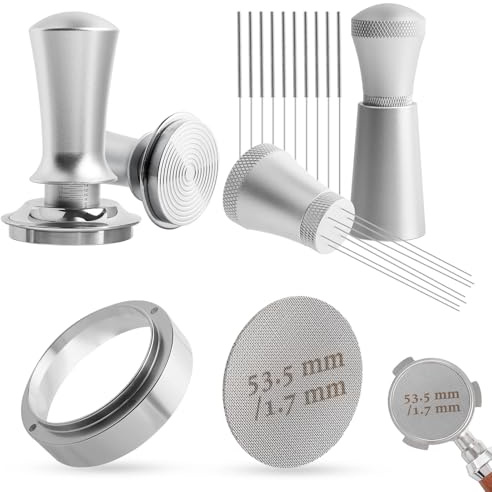 Kaffee Tamper 54mm Set, Aufgerüstet Espresso Tamper set inkl. WDT Tool, Dosierring 54mm, Puck Screen 54mm, Druckregulierender Tamper-Base Ripple aus Edelstahl mit 30lbs Anpressdruck für Barista