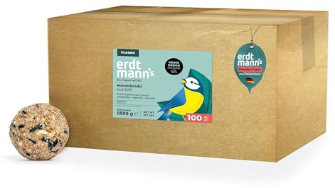 Erdtmanns Meisenknödel ohne Netz 100 Stück 8,5 kg – umweltfreundliches Wildvogelfutter mit Sonnenblumenkernen, Hafer & Talg – Ganzjahresfutter – ohne Plastiknetz & leicht zu verfüttern