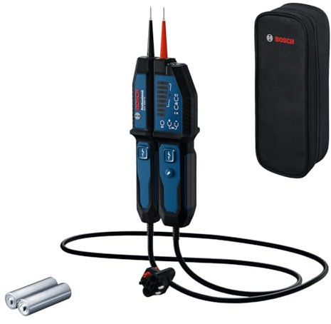 Bosch Professional Spannungsprüfer GVT 1000-15 (Spannungsprüfung bis 1000 V AC/DC, LED-Feedback, Summer, Vibrationsalarm, IP65, eingebaute Taschenlampe, 125 cm Kabel, 2x1,5 V LR03 (AA), Tasche)