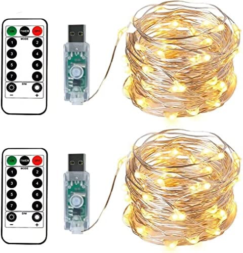 BXROIU 2 x 100LEDs Lichterkette USB 10 Meter Silbernedraht mit Fernbedienung Timer 8 Programm und Dimmen (Warmweiß), LED