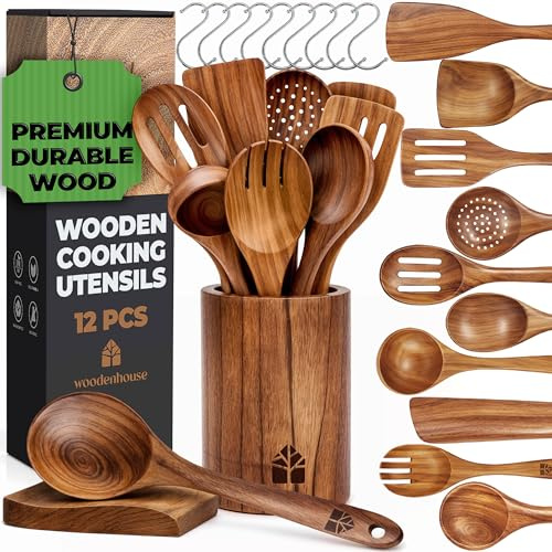Holz kochlöffel Set 12 Stück aus Teakholz - Robuste Holzlöffel Set mit Halter, Haken und Ablage, Pfannenwender Holz & Kochbesteck - Natürlich & Perfekt für Antihaft, BPA-FREI küchenhelfer