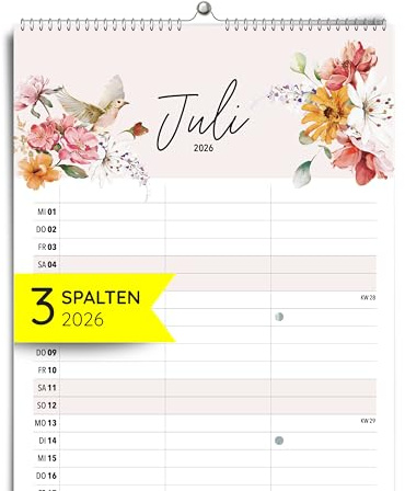 heaven+paper® Familienkalender 2026 3 Spalten | Familienplaner 2026 | Paarkalender & Wandkalender 2026 (21x42 cm) | Planer für Zwei | Mit Feiertagen & Schulferien | Made in Germany