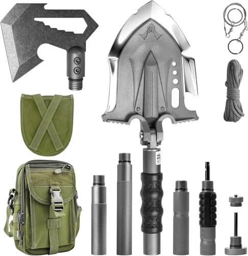 Zune Lotoo Klappspaten, Multifunktionale Survival Spaten aus Martensitischem Stahl, Verstellbare Taktische Schaufel mit 7 Winkeln, Tragbare Camping Schaufel zum Wandern Camping, Garten