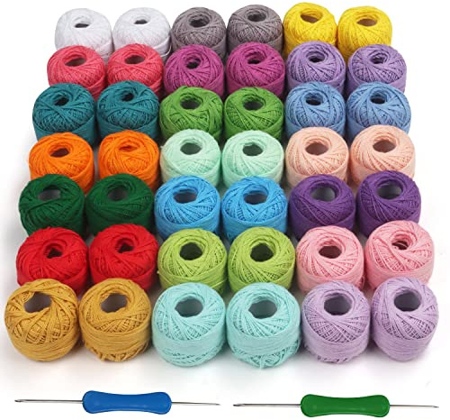 Kurtzy Buntes Häkelgarn Baumwolle (42 Knäuele) Inkl. 2 Häkelnadeln (1 mm & 2 mm) Wolle zum Häkeln Häkelwolle Wolle Set Wollknäuel (je 10 g) - Insgesamt 2520 m Häkelset Garn aus Baumwolle Bunt