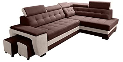 Robin Inspire Grand Ecksofa mit Schlaffunktion Braun-Creme Rechts | L-Form Sofa mit Bettkasten, Relaxfunktion, 2 Hockern und Kopfstützen. Komfortables Schlafsofa.