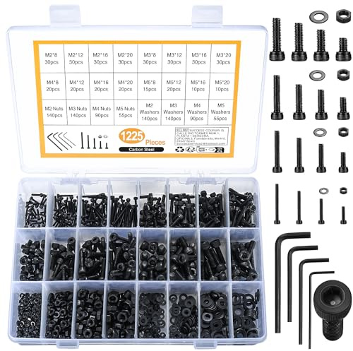 1225 Stk M2/M3/M4/M5 Innensechskant Schrauben Muttern Unterlegscheiben Sortiment, schwarze Sechskopf Sechskantschrauben, Maschinenschrauben und Muttern Set (Schwarz 1225 runder Becherkopf)