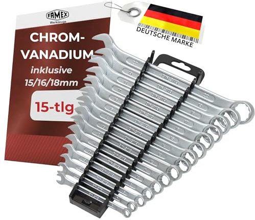 FAMEX 10355-15 Ring Maulschlüssel Set - Gabelringschlüssel Ringmaulschlüssel Schraubenschlüssel Satz - 6-22mm - DIN 3113 - im Werkzeug Halter - 15-tlg. - inkl 15, 16, 18 mm