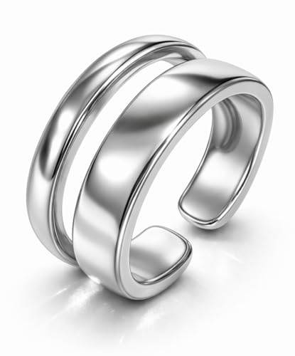 Positiva Jewelry Offener Bandring Damen – Verstellbarer 18K Vergoldeter Edelstahlring, Wasserfest, Hautfreundlich, Doppelring Design, Trendiger Statement Ring als Geschenk für Frauen (Silber)
