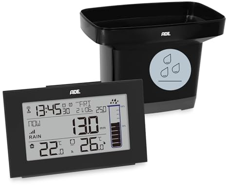 ADE Digitaler Regenmesser frostsicher mit Wetterstation | Funk-Außenthermometer für den Garten | Innenthermometer | Funkwecker mit 2 Weckzeiten | mit Datumsanzeige | inkl. Batterien