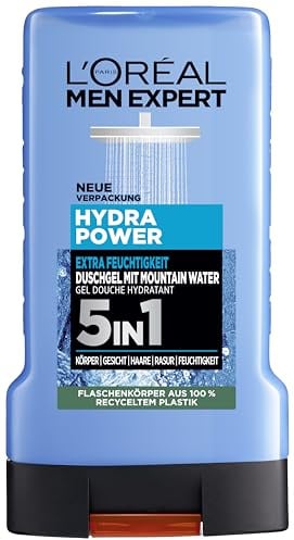 L'Oréal Men Expert Duschgel und Shampoo für Männer, Duschbad zur Reinigung von Körper, Haar und Gesicht, Herren Körperpflege für hydratisierte Haut mit Mountain Water, Hydra Power, 1 x 250 ml