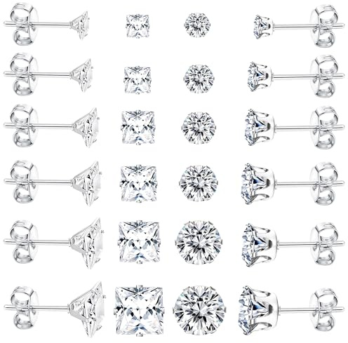 Dochais 12 Paar Ohrringe Männer,Ohrringe Herren Silber,Medizinische Ohrstecker aus 316L Chirurgenstahl, Hypoallergene Edelstahl Ohrring Set,Zirkonia Ohrstecker für Herren Damen Unisex