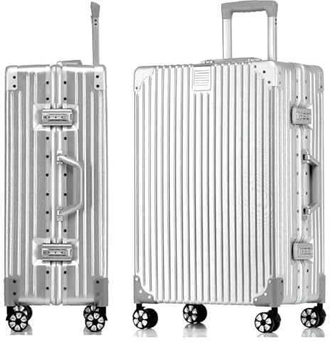 Aoliwei Aluminiumrahmen Koffer S (55cm) Handgepäck – Leichter 100% PC Hartschalen-Trolley in Metall-Optik, 35L Business Reisekoffer mit TSA, 4 leisen 360° Rollen, Silber