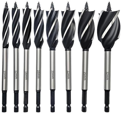 HPMAISON 8 Stück Professionell Holzbohrer Set, Stahl mit hohem Kohlenstoffgehalt Schneckenbohrer mit 1/4 Zoll Sechskantschaft Holzarbeiten Schlangenbohrer 10mm,12mm,14mm,16mm,20mm,22mm,25mm,32mm