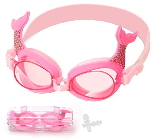 Pwsap Anti-Fog Schwimmbrille für Jugend 4-14, Süße Meerjungfrau Schwanz Schwimmbrille, Niedliche Drachen Schwimmbrille, Breiten Gläsern, UV-Schutz, Ohrstöpsel, Brillenbox