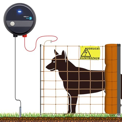 VOSS.farming 50m Hundezaun Komplettset Orange für große Hunde, Weidezaungerät Elektronetz Erdanschlussset Warnschild Reparaturset, Garten Hütesicherheit Elektrozaun Hundezaun Hund