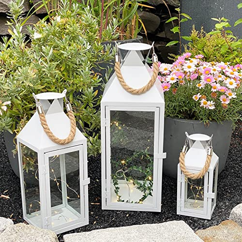 INDA-Exclusiv 3er Set XL Gartenlaterne Metall Windlicht Kerzenhalter Laternen mit Seilgriff weiß 25/40/51cm