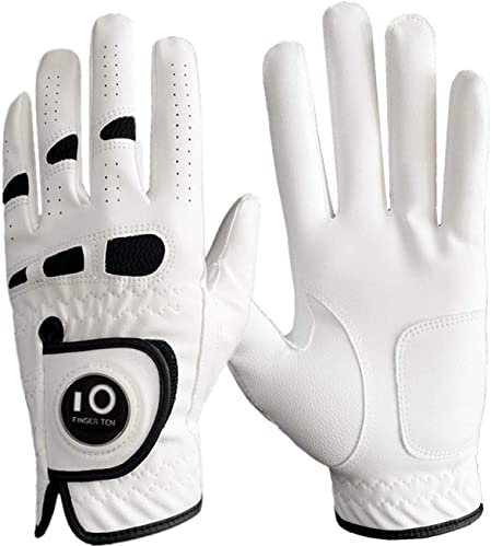 LOVMEAD Golfhandschuhe Herren für Linke Hand Mit Ballmarker 1 Stück, Allwetter Cabretta Leder Griff Golf Handschuh Rechtshänder Weicher Komfort Passform Größe ML (Linke Hand, L)