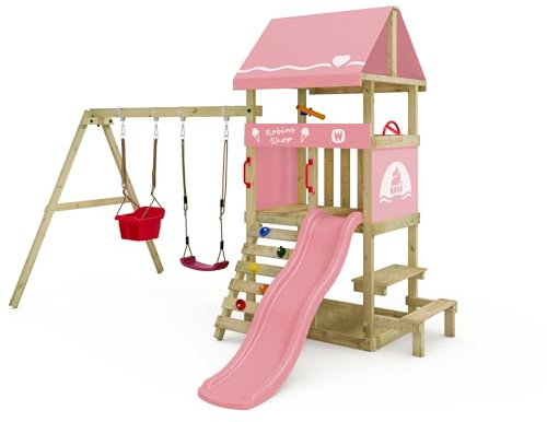 Wickey Spielturm DinkyHouse mit Schaukelanbau und Picknicktisch, pastellpink – aus Holz, für Kinder im Garten