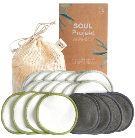 SOUL PROJEKT Abschminkpads Waschbar, 3 Schichten, Waschbare Wattepads aus Bambus & Baumwolle, mit Wäschebeutel, Umweltfreundlich, Bio-Gesichts-Pads (20pk)