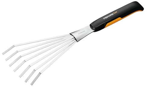 Fiskars Hand-Fächerbesen mit 7 Zinken, Länge: 44,3 cm, Breite: 12,5 cm, Schwarz/Orange, Rostfreier Stahl/Kunststoff, Xact, 1027044