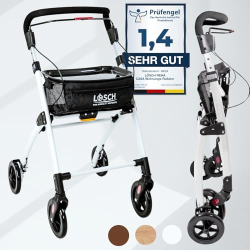 Casa Soft Weiß Rollator schmal für Wohnung & Innenbereich, faltbar & leicht, 5 kg I höhenverstellbarer Wohnungsrollator von Lösch Reha I zuverlässige Gehhilfe für Senioren