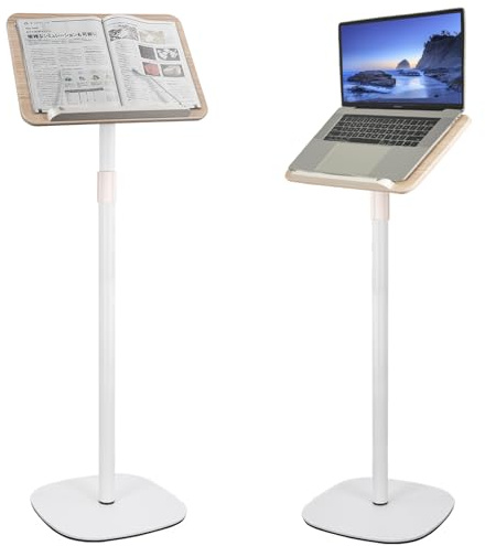 OUUTMEE Lesebuchständer, anhebbarer Beistelltisch, Winkelverstellung, Metallstruktur, Laptop, Kochbuch, Zeichenbrett, Holz, Bewegen Rednerpult,Weiß,50-130 cm