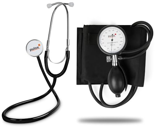 Pulox Flachkopf-Stethoskop & Manuelles Blutdruckmessgerät (Aneroid Sphygmomanometer) im Set mit Tasche