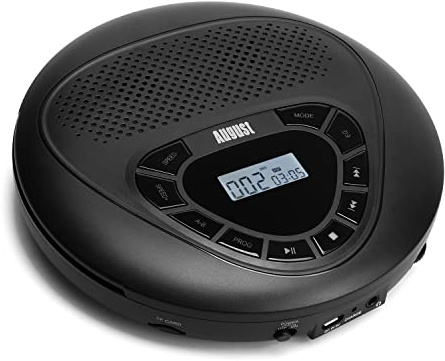 August SE10 Wiederaufladbarer tragbarer CD Player mit Kopfhörer, Anti-Skip | Discman USB-C mit Lautsprecher, Überspring Schutz, MP3 CD Player mit Wiederholung/EQ/PROG/Micro SD/EQ für Erwachsene & Kinder